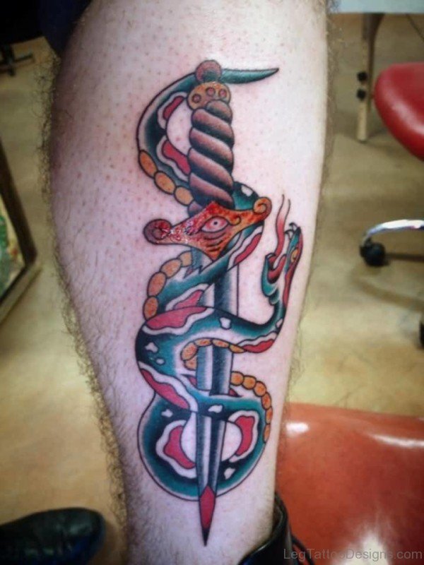 Colored Dagger And Snake Tattoo