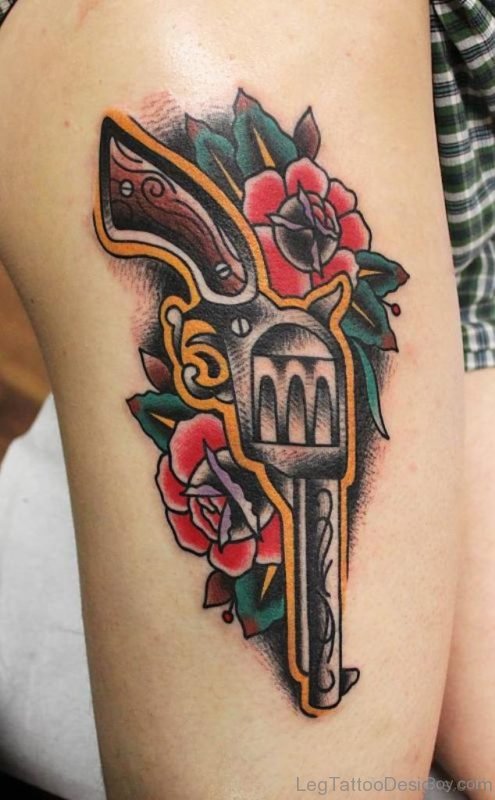 Colored Gun Tattoo For Thigh