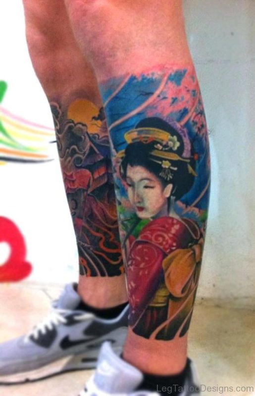 Colored Ink Geisha Tattoo On Leg