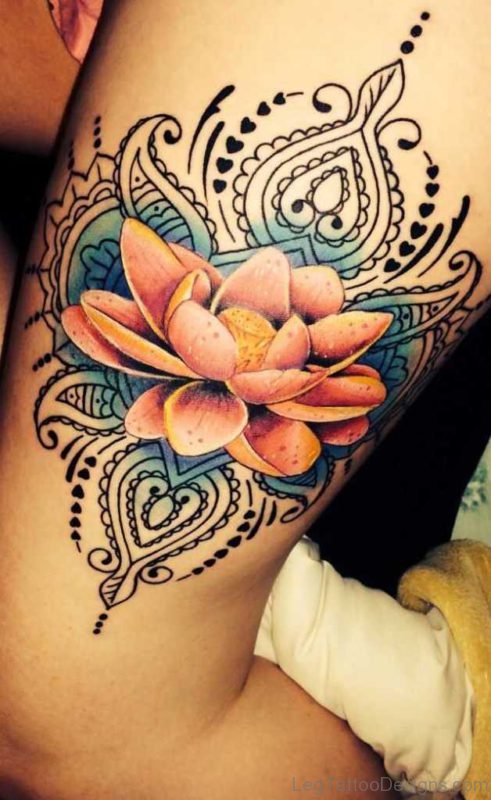 Colored Lotus Tattoo On Thigih