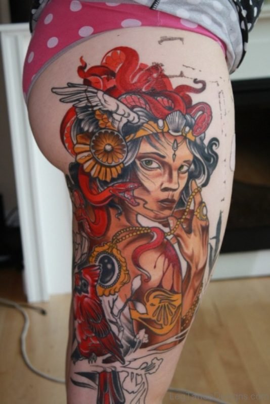 Colored Medusa Tattoo On Thigh