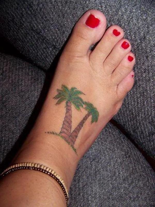 Colored Palm Tree Tattoos On Girl Right Foot