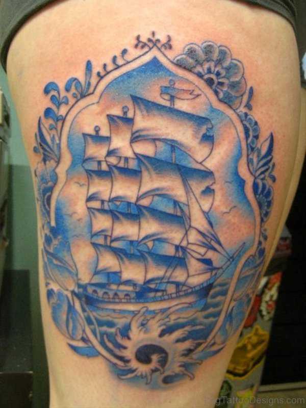 Colored Ship Tattoo On Thigh
