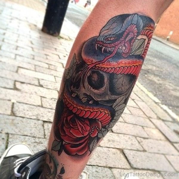 Colored Skull And Snake Tattoo