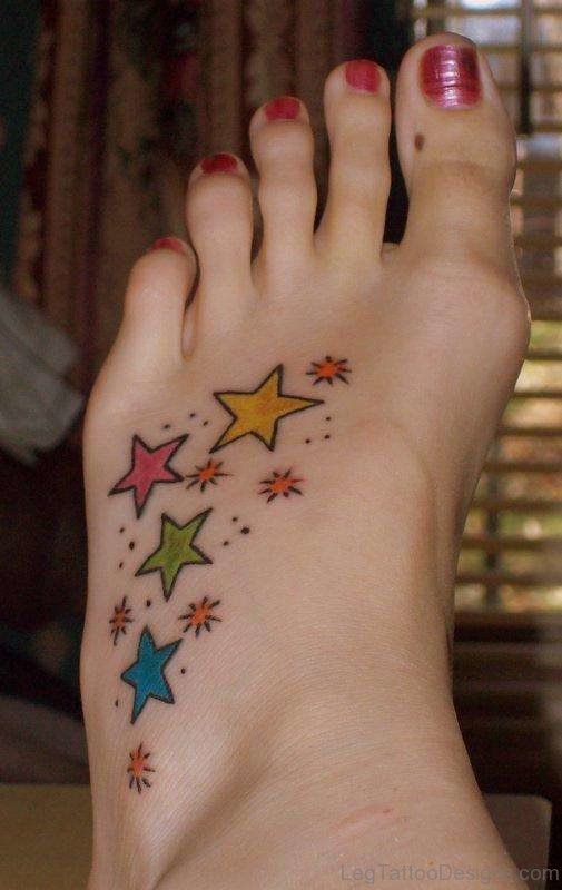 Colored Star Tattoo Design On Foot