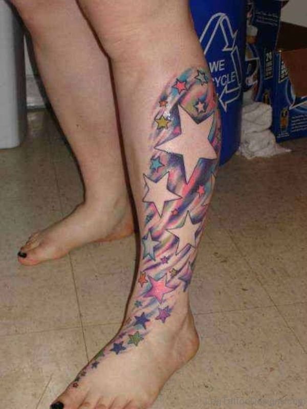 Colored Star Tattoo On Leg