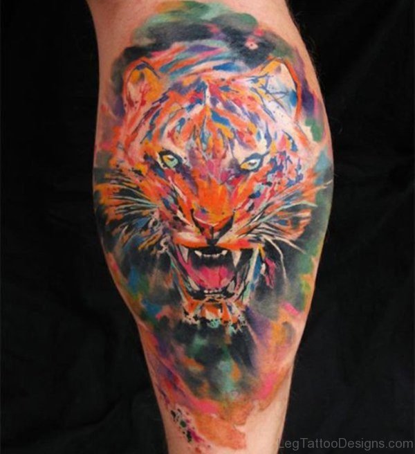 Colored Tiger Tattoo On Leg