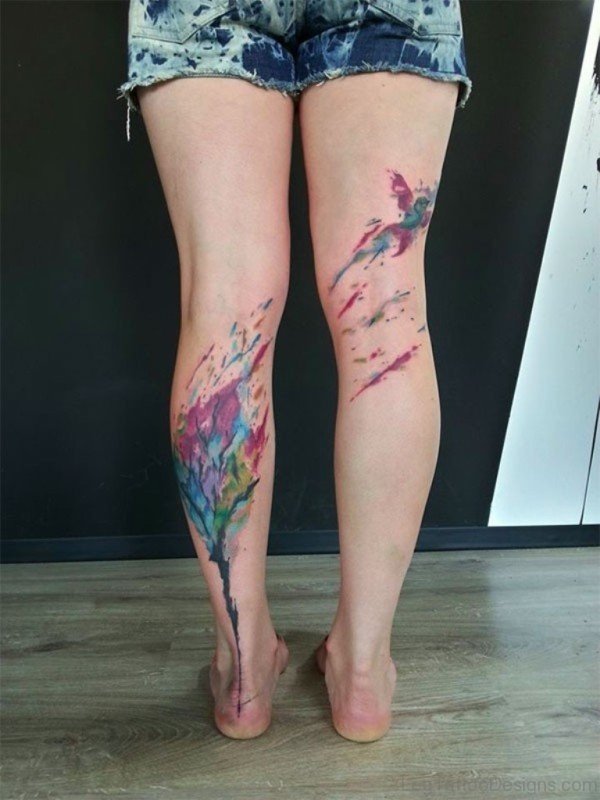 Colored Tree Tattoo On Leg