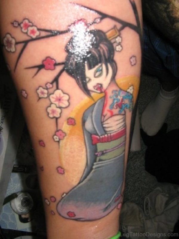 Colored Zombie Geisha Tattoo On Leg
