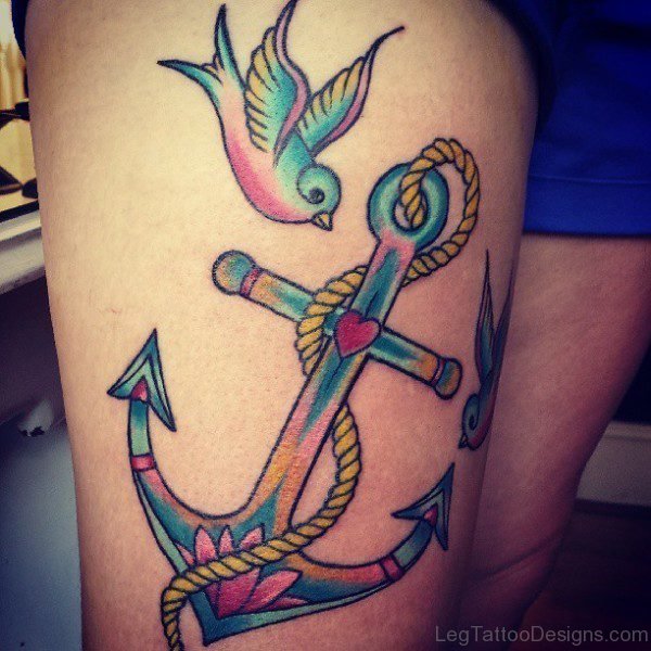 Colorful Anchor Thigh Tattoo