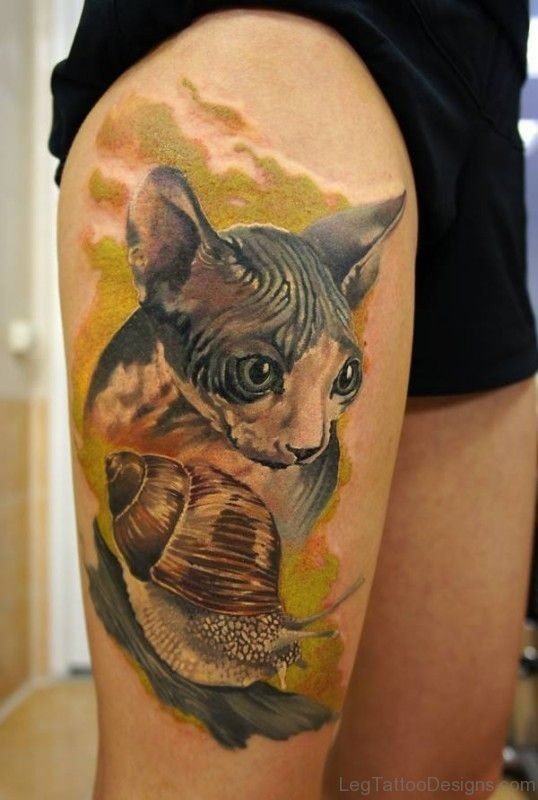 Colorful Cat Tattoo On Thigh