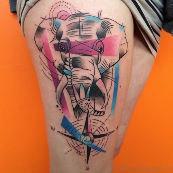 Colorful Elephant Thigh Tattoo