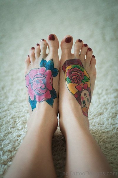 Colorful Flower Tattoo On Foot