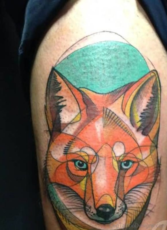 Colorful Fox Tattoo On Thigh