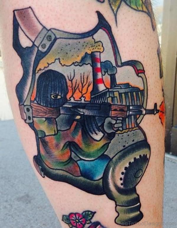 Colorful Gas Mask Tattoos On Leg