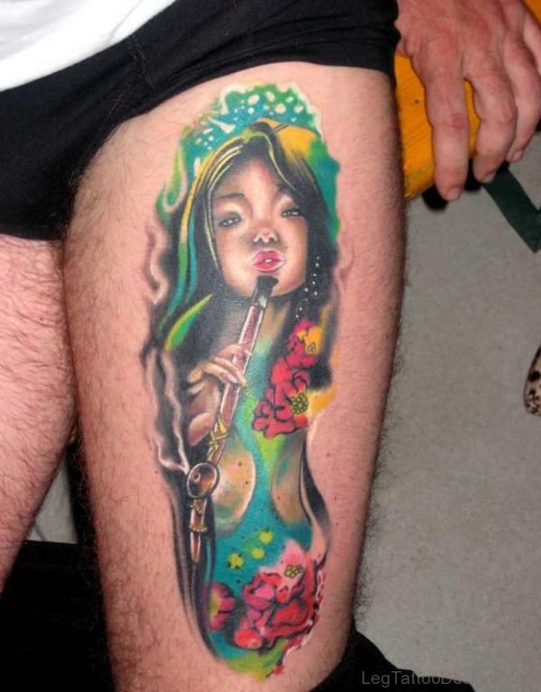 Colorful Geisha Tattoo On Left Thigh