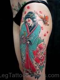 Colorful Geisha Tattoo On Thigh