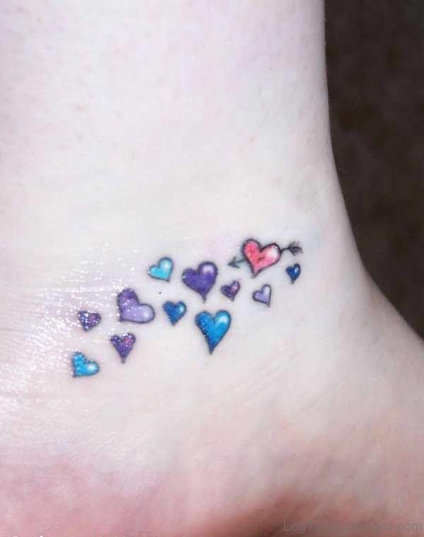 Colorful Heart Tattoo On Ankle
