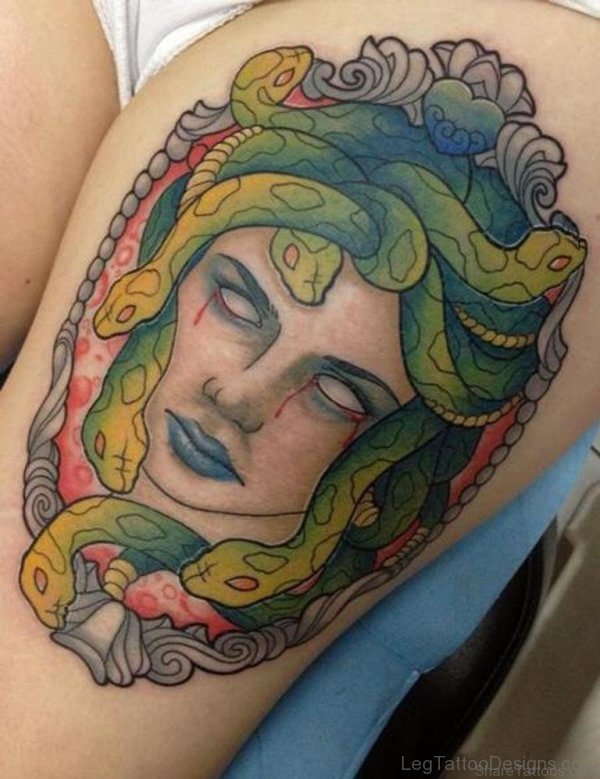 Colorful Medusa Tattoo On Thigh