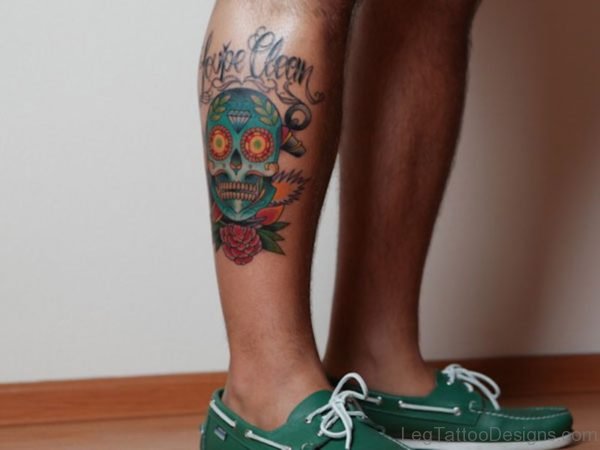 Colorful Mexican Gangster Sugar Skull Tattoo On Leg