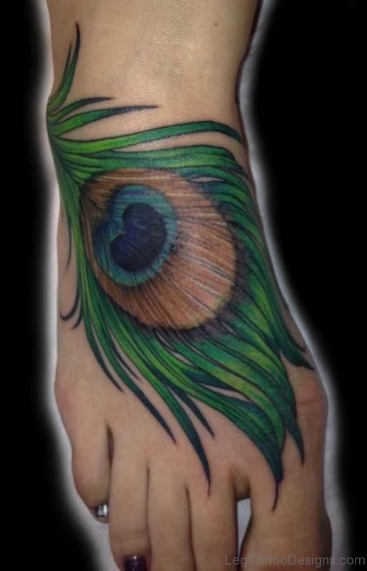 Colorful Peacock Feather Tattoo On Foot