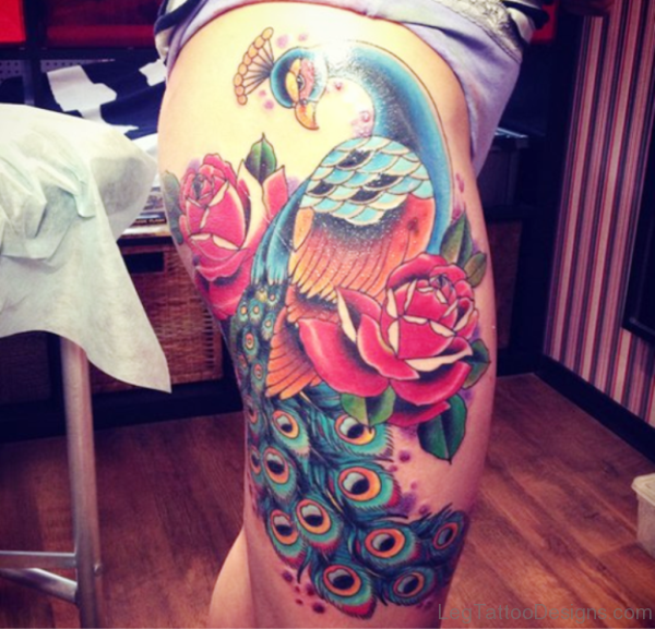 Colorful Peacock Tattoo On Thigh
