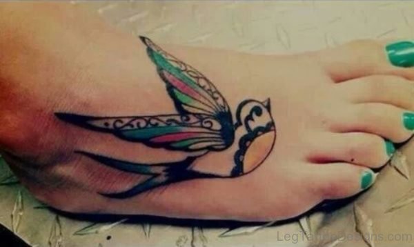 Colorful Swallow Bird Tattoo On Foot