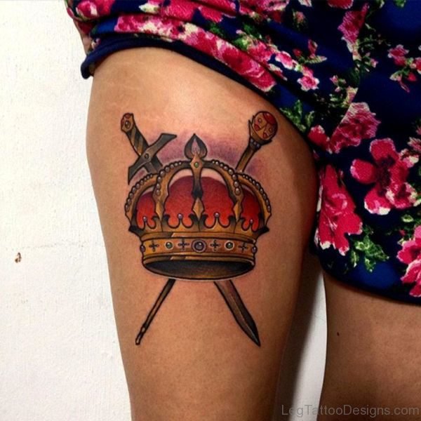 Colourful Crown Tattoo On Thigh
