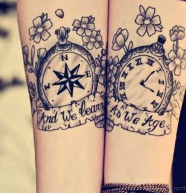 Compass And Clock Tattoo On Thigh