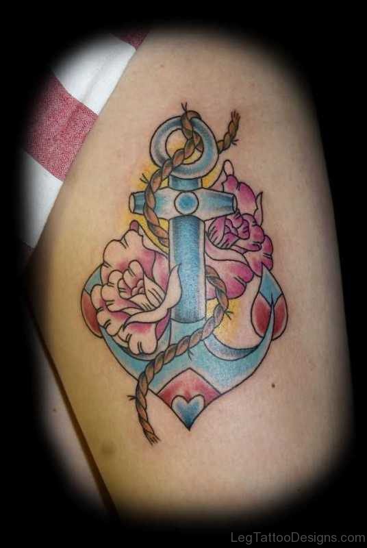 Cool Anchor Thigh Tattoo