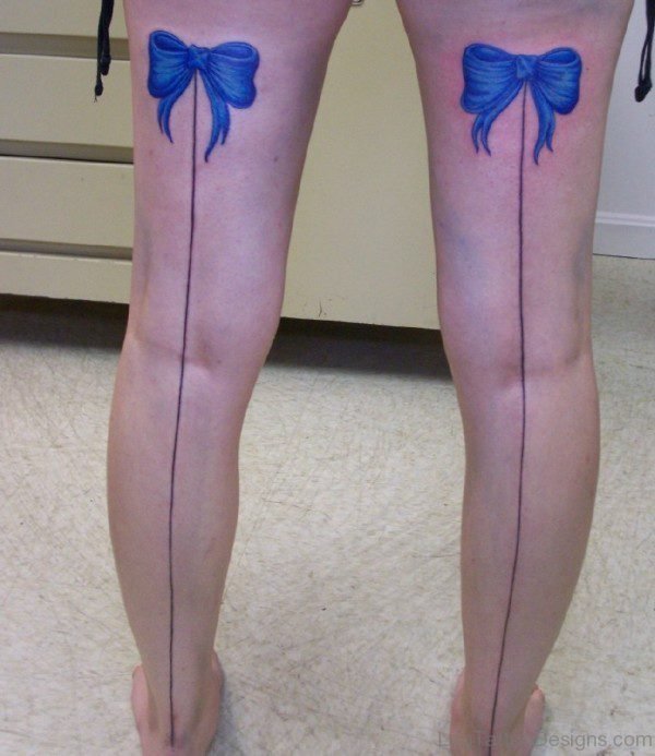 Cool Blue Bow Tattoo On Thigh