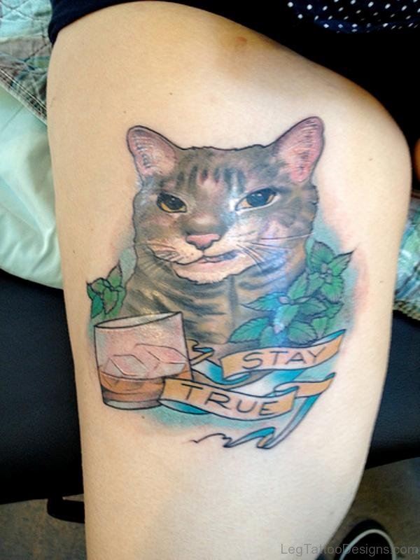 Cool Cat Tatoo On Thigh