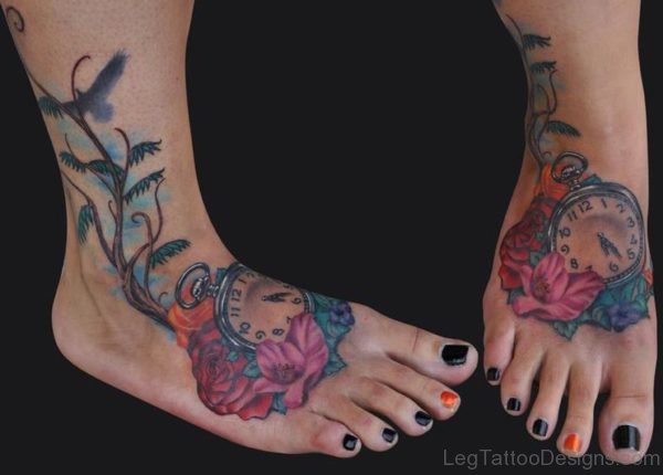 Cool Clock Tattoo On Foot