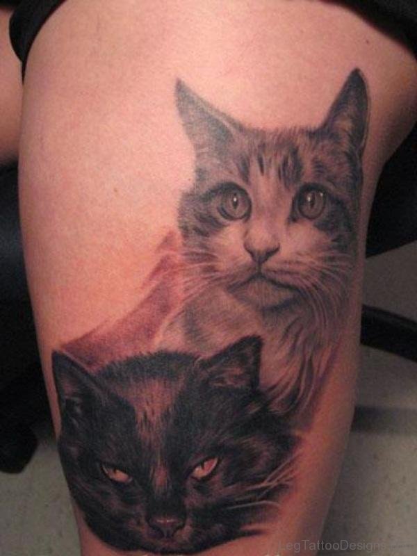 Cool Two Cats Tattoo On Thigh