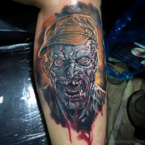 Cool Watercolor Zombie Leg Calf Tattoo For Men