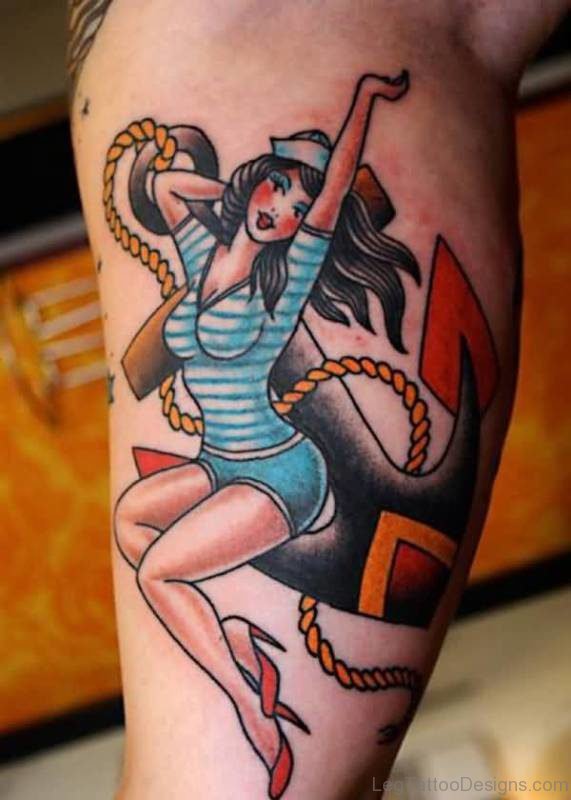 Crazy Pin Up Girl And Anchor Tattoo