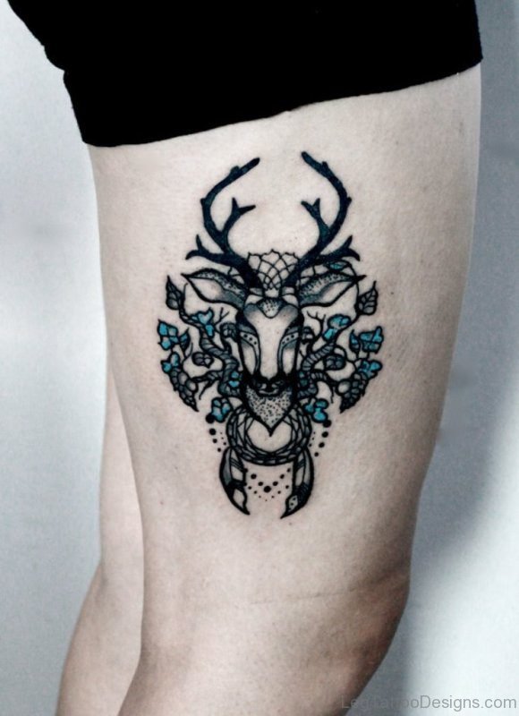 Creative Deer Tattoo On Thigh