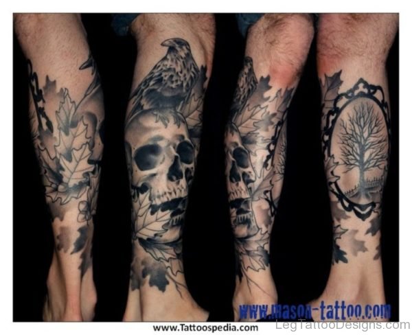 Crow And Skull Tattoo On Leg