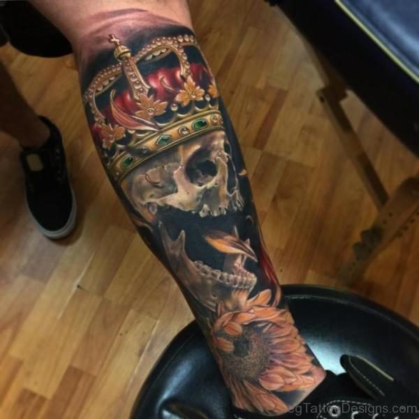 Crown And Skull Tattoo On Leg