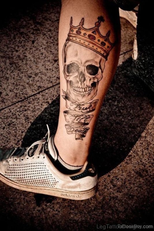 Crowned Skull Tattoo On Leg 1