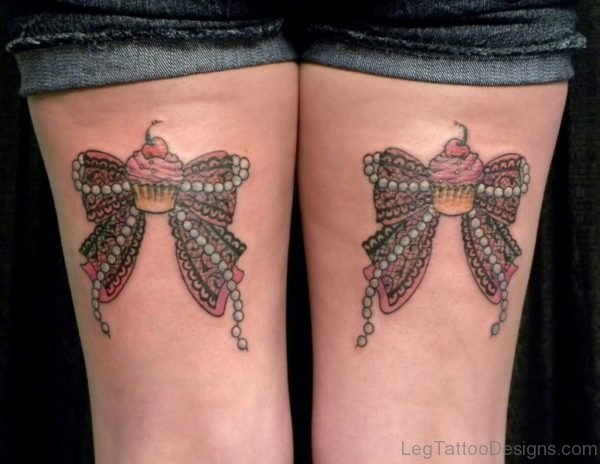 Cupcake Bow Tattoo On Thigh