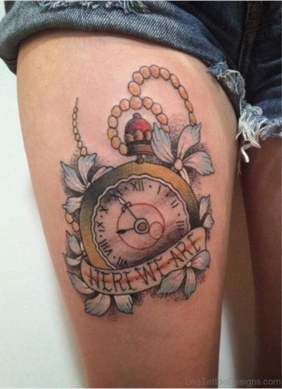 Cute Clock Tattoo On Thigh