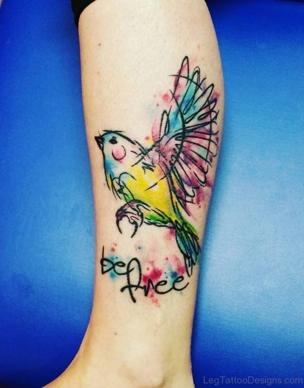 Cute Colorful Bird Tattoo On Leg