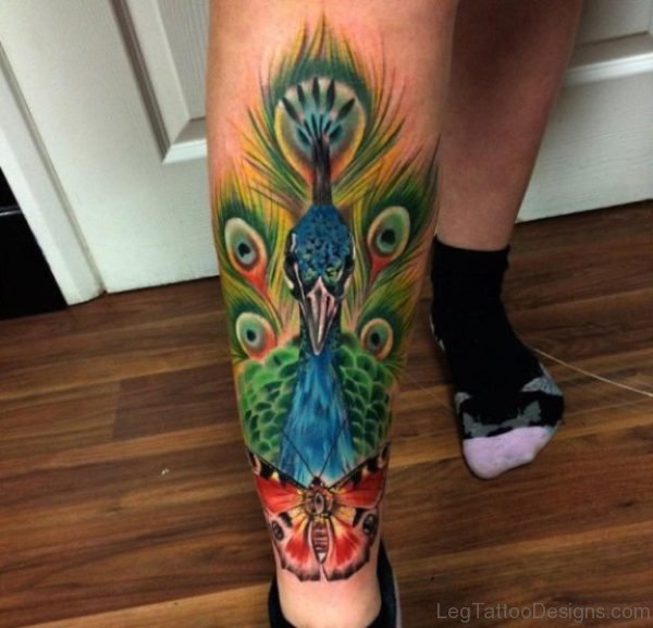 Cute Pecock Tattoo On Leg