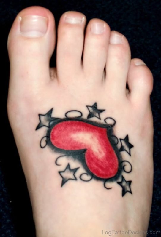 Cute Red Heart Stars Tattoo On Right Foot