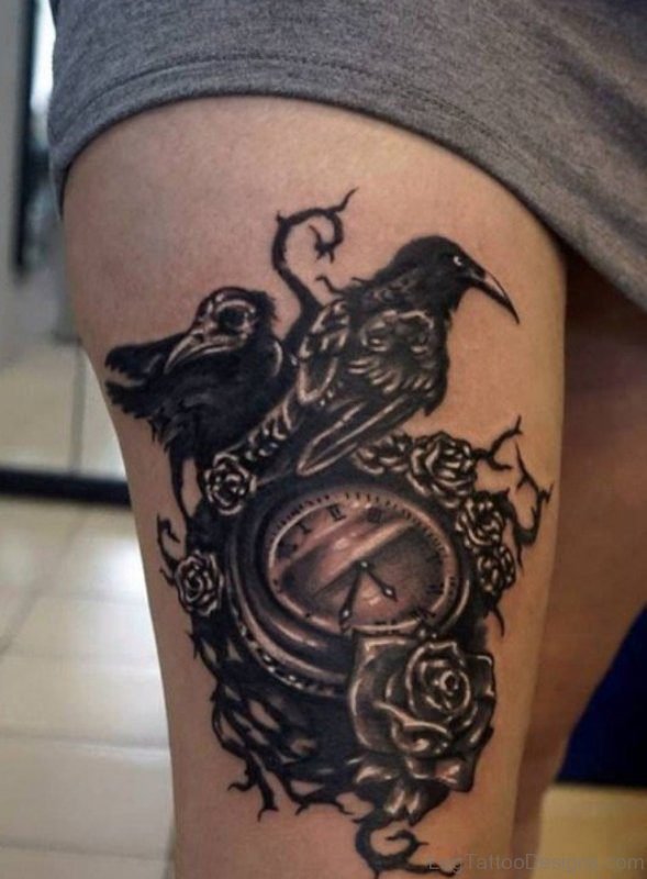 Dark Clock Tattoo On Thigh