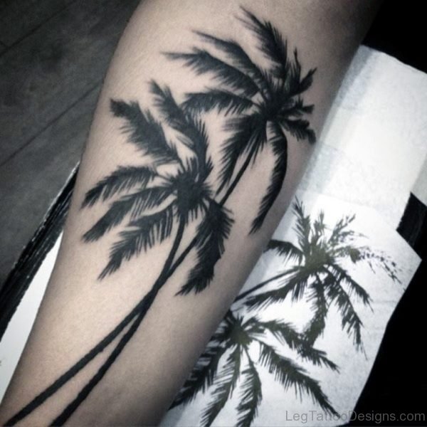 Dark Tall Palm Tree Tattoo For Men On Leg