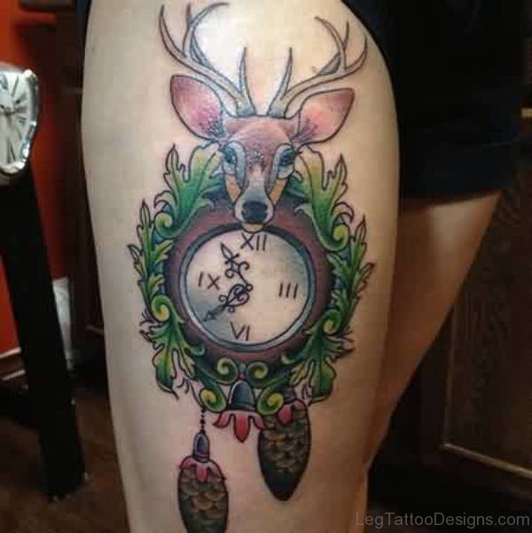 Deer Clock tattoo On Thigh