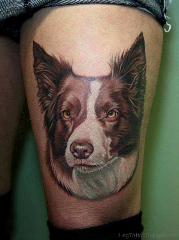 Dog Face Tattoo On Thigh