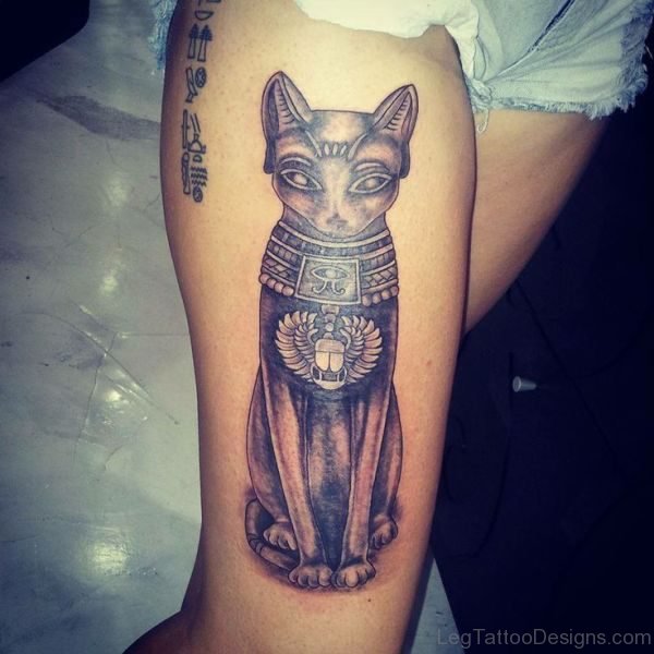 Egyptian Cat Statue Tattoo On Thigh
